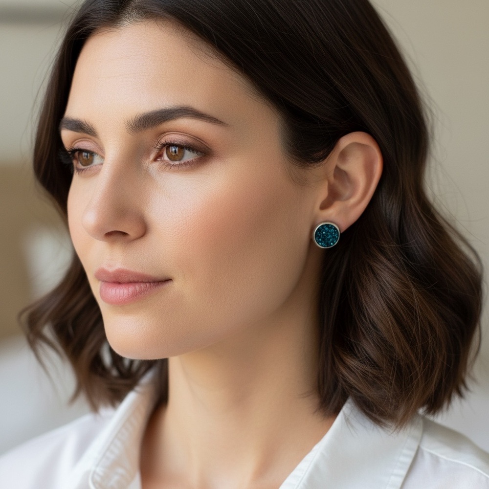 NWT Blue Druzy Surgical Steel Stud Earrings – 8mm, Hypoallergenic - Picture 4 of 10